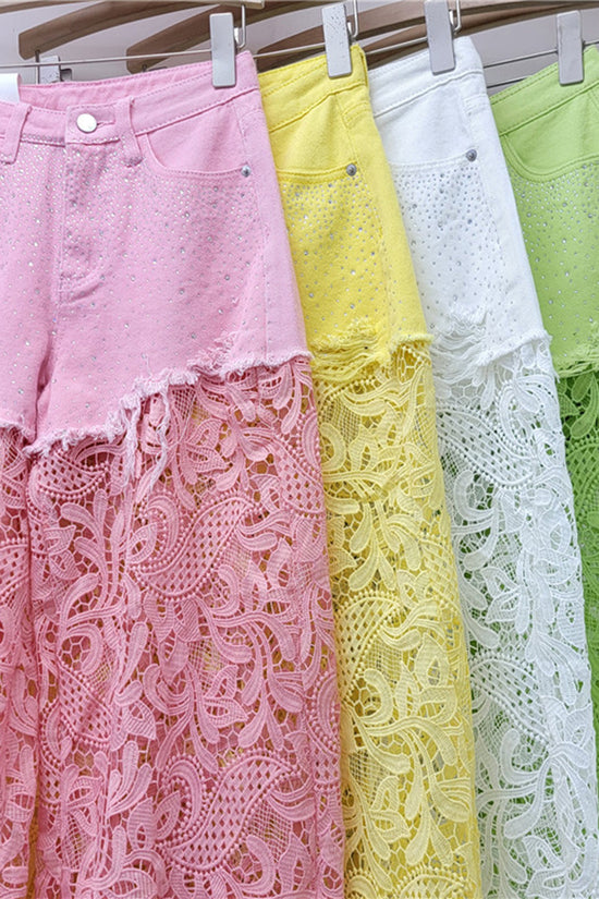 Lace Overlay Denim Casual Pants