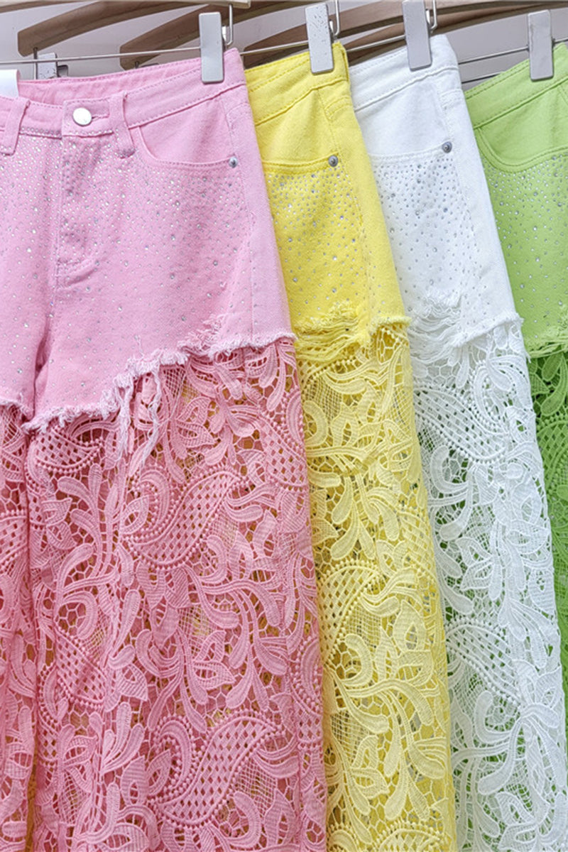 Lace Overlay Denim Casual Pants
