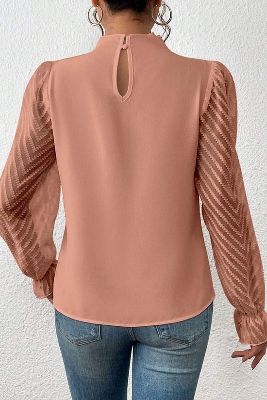 Elegant Pleated High Neck Sheer Sleeve Top