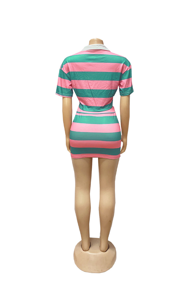 Striped Polo Crop Top and Skirt Set