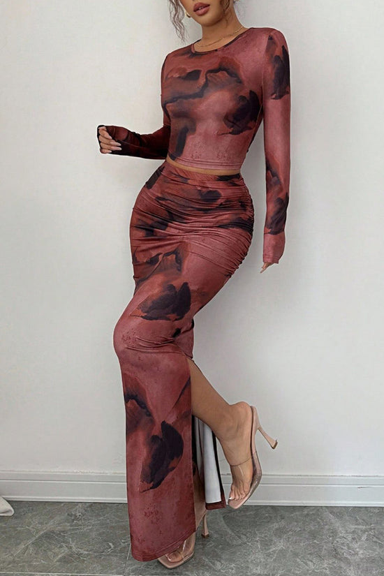 Tie-Dye Long Sleeve Crop Top and Skirt Set