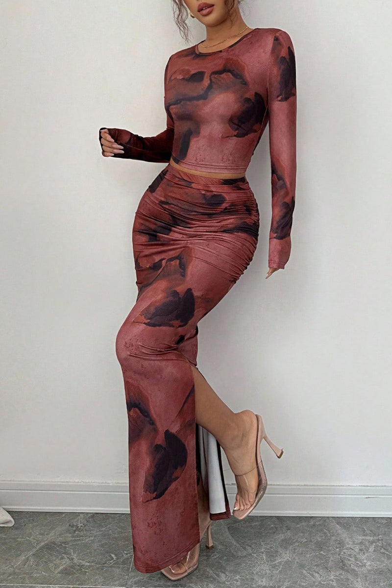 Tie-Dye Long Sleeve Crop Top and Skirt Set