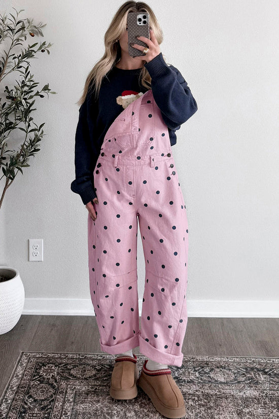 Polka Dot Denim Barrel Overalls Jumpsuit