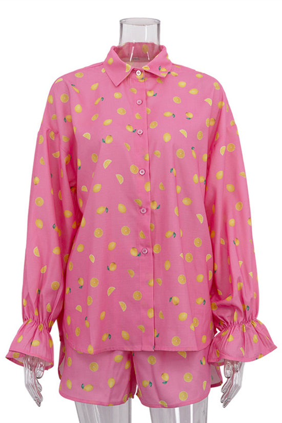 Fruit Print Ruffle Long Sleeve Loungewear Set