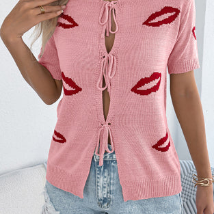 Kiss Print Tie Front Cardigan
