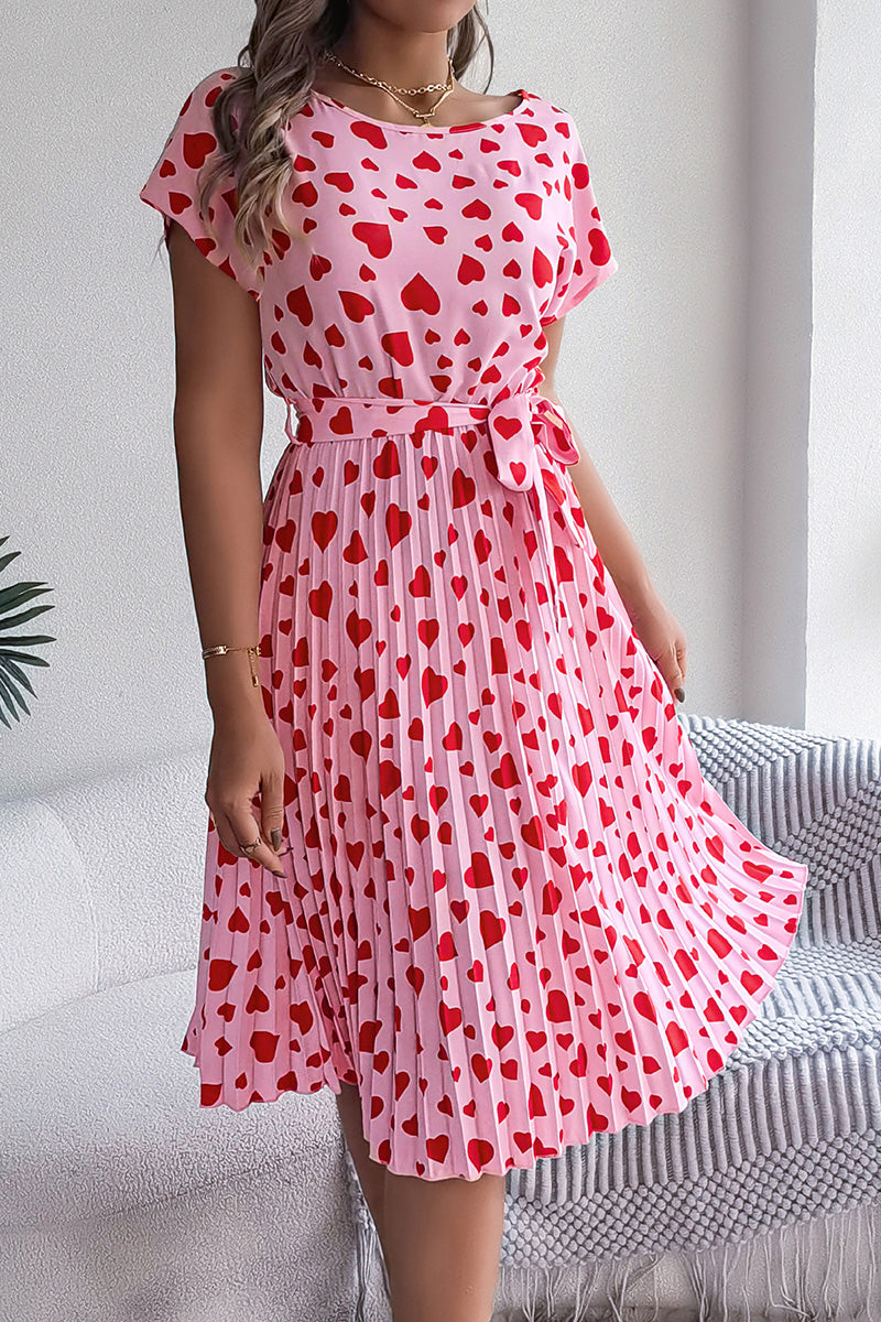 Heart Print Belted Casual Dress