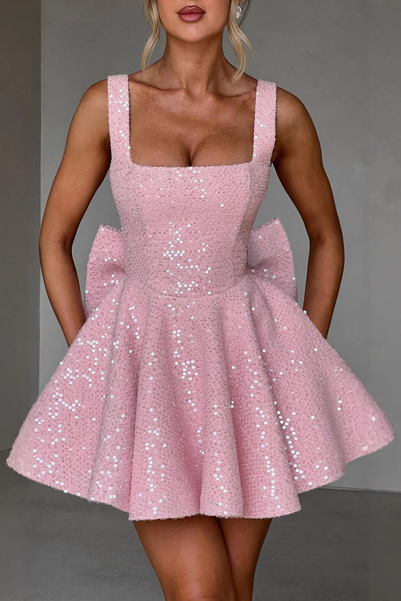 Sequin Bow Back Evening Dress