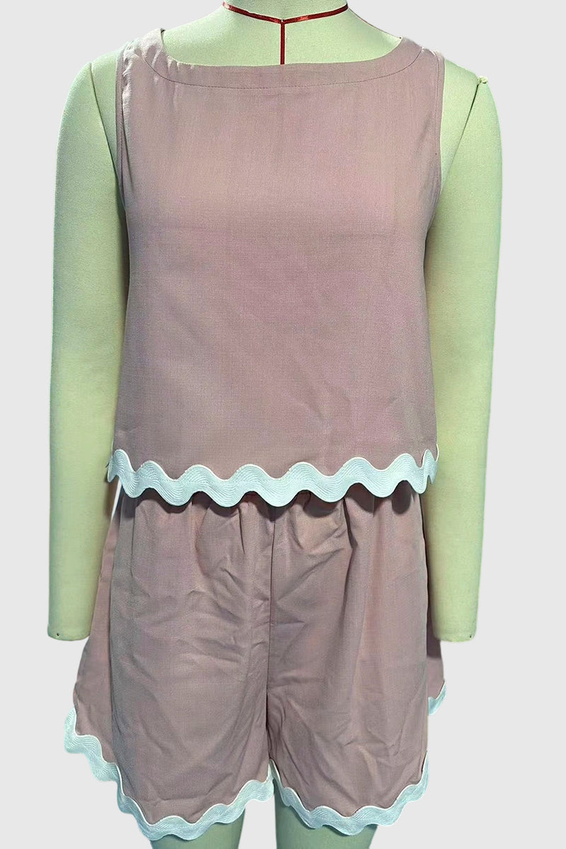 Wavy Trim Sleeveless Shorts Set