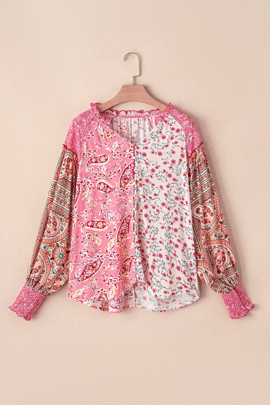 Mixed Floral Puff Sleeve V-Neck Shirt