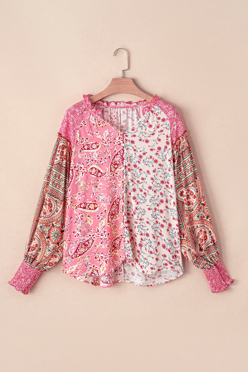 Mixed Floral Puff Sleeve V-Neck Shirt