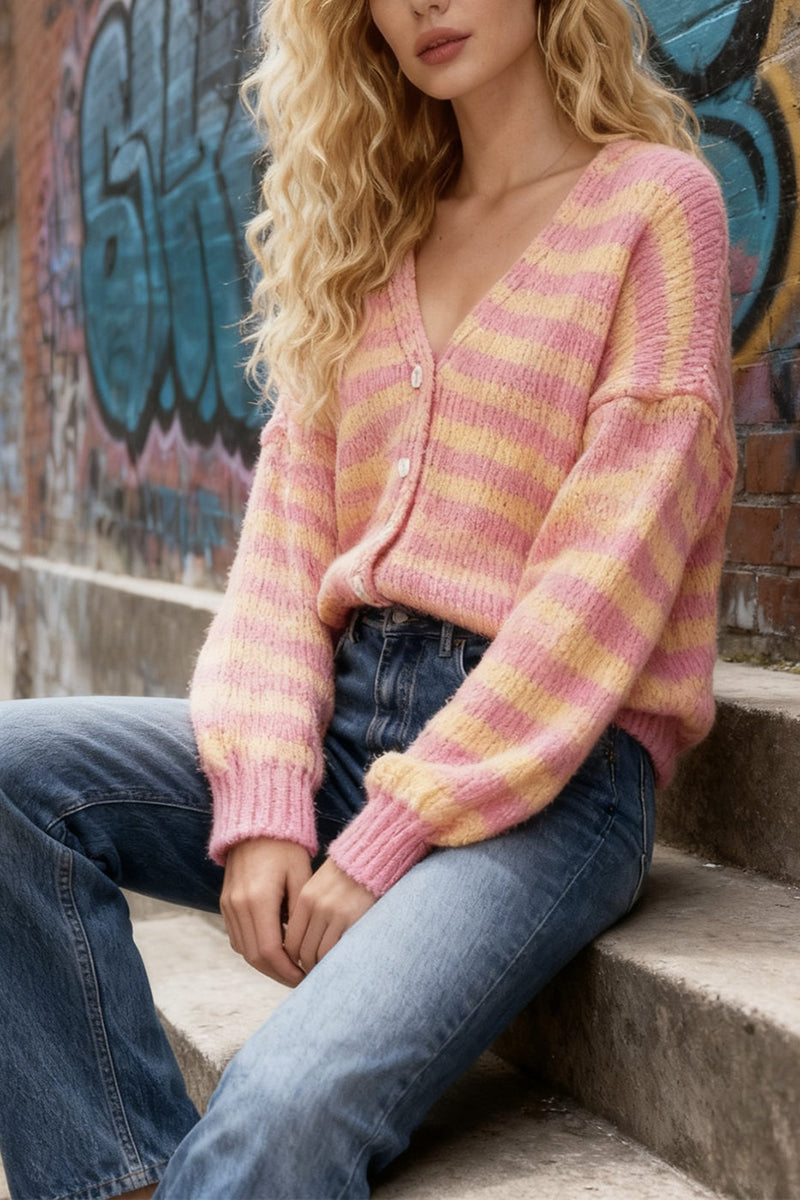 Striped V-Neck Button-Front Cardigan