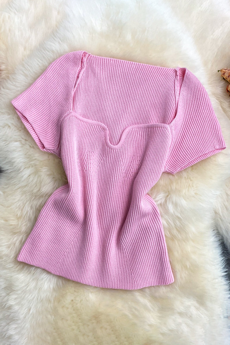 Ribbed Knit Scallop Neck Tee