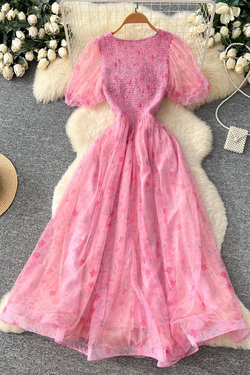 Elegant Floral Puff Sleeve Casual Dress