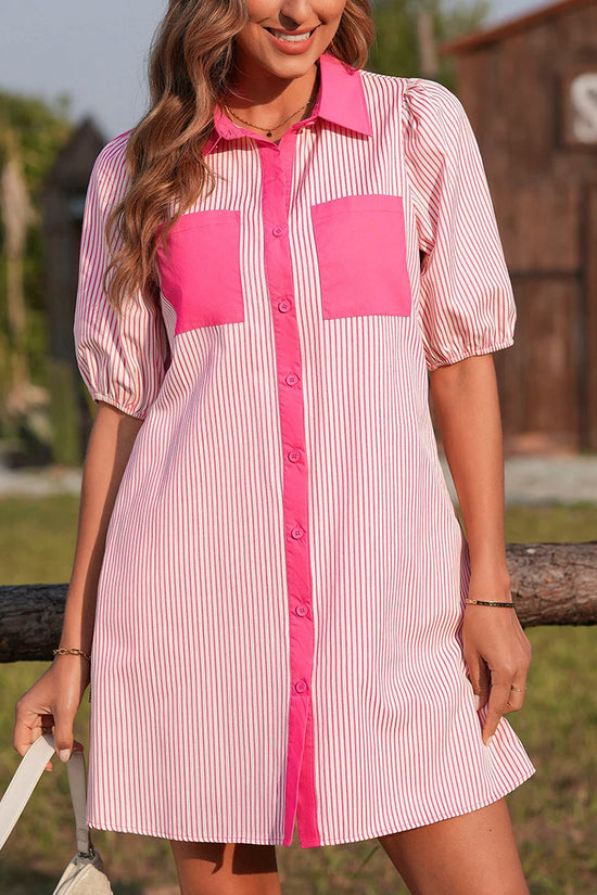 Stripe Patchwork Shirt Collar Mini Dress