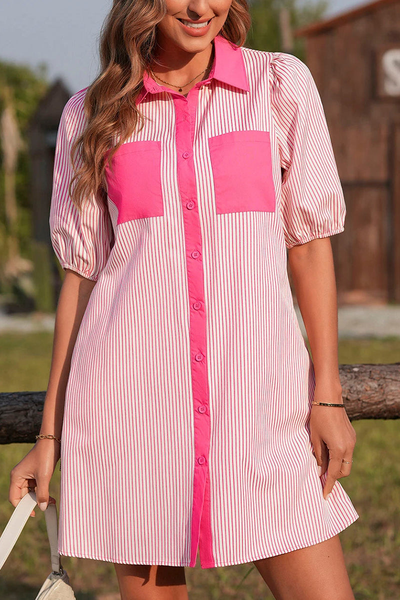 Stripe Patchwork Shirt Collar Mini Dress