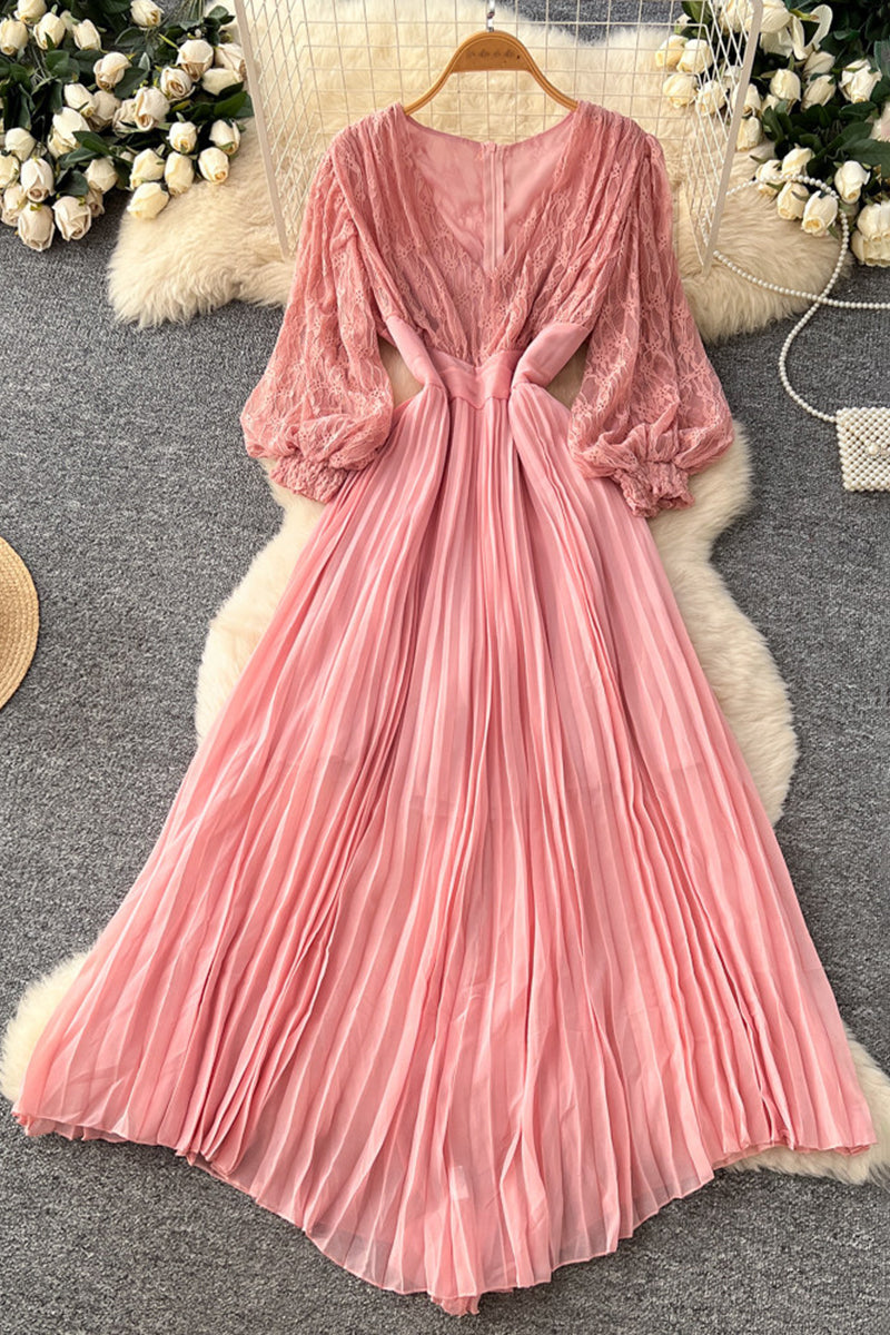Lace Lantern Sleeve Pleated Dress