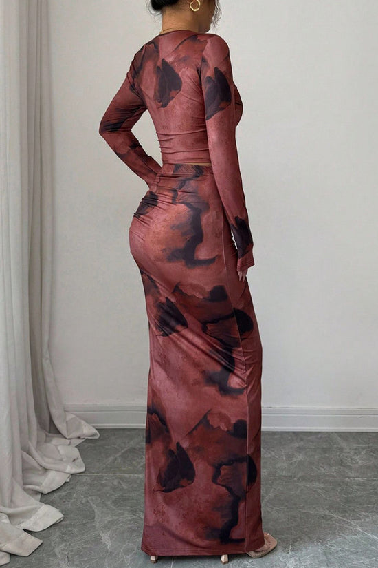 Tie-Dye Long Sleeve Crop Top and Skirt Set