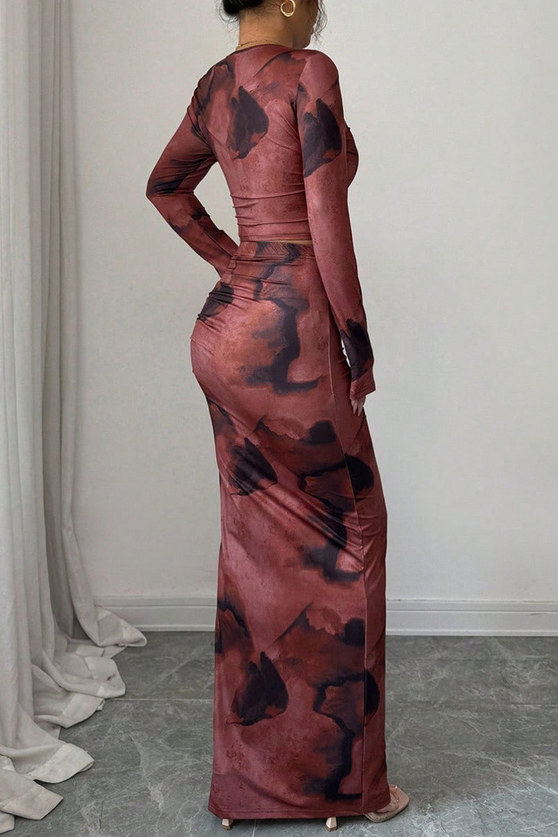 Tie-Dye Long Sleeve Crop Top and Skirt Set