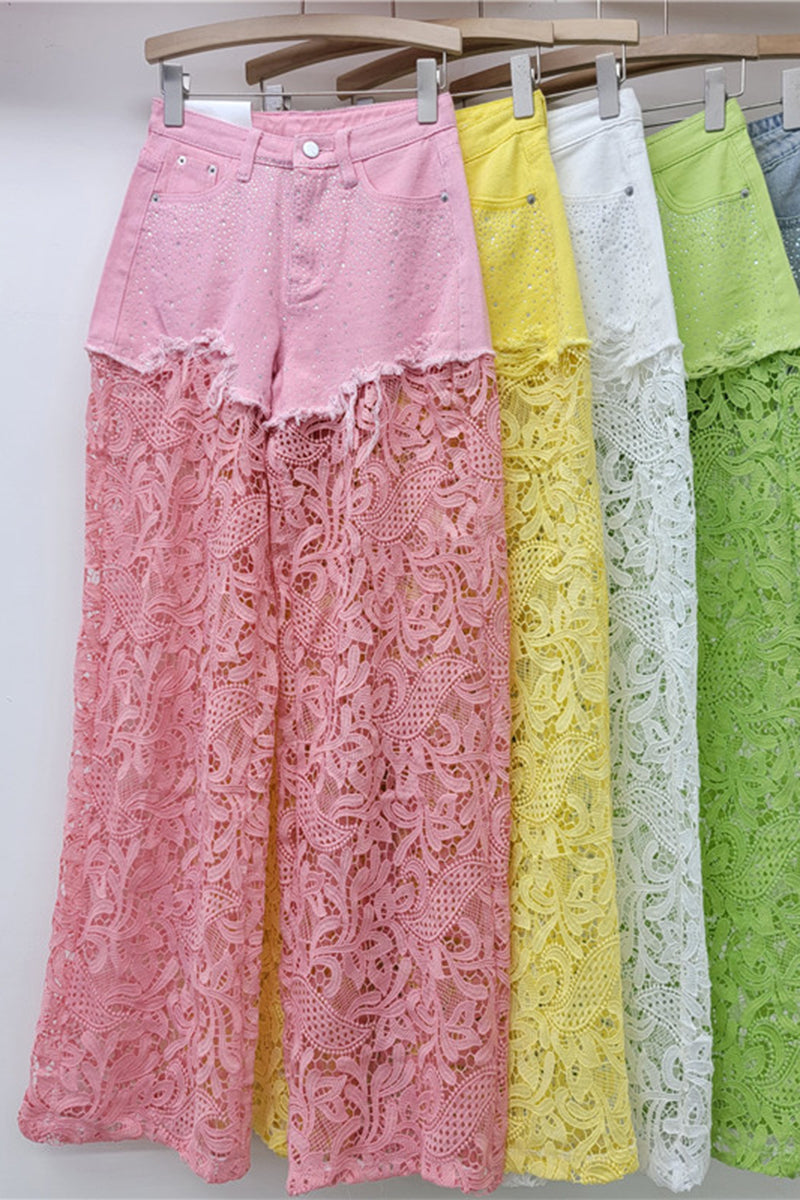 Lace Overlay Denim Casual Pants