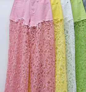 Lace Overlay Denim Casual Pants