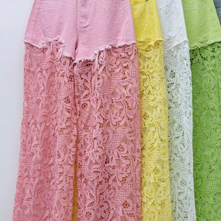 Lace Overlay Denim Casual Pants
