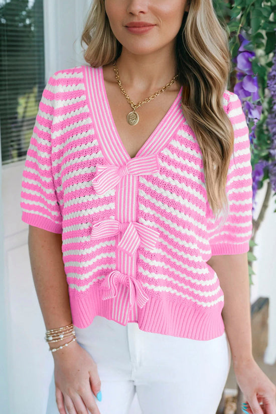 Striped Bow Detail Short Sleeve Top