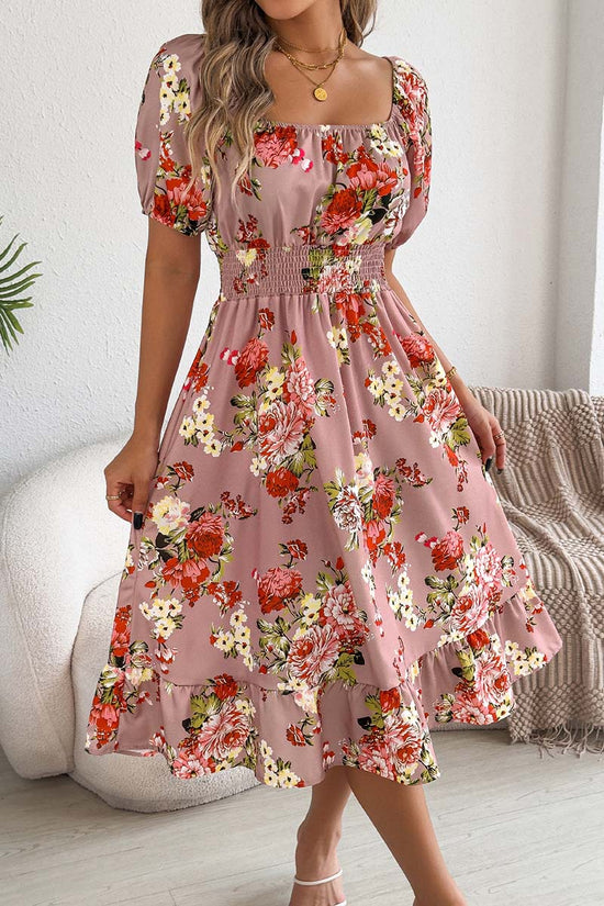 Off-Shoulder Floral Puff Sleeve Dress