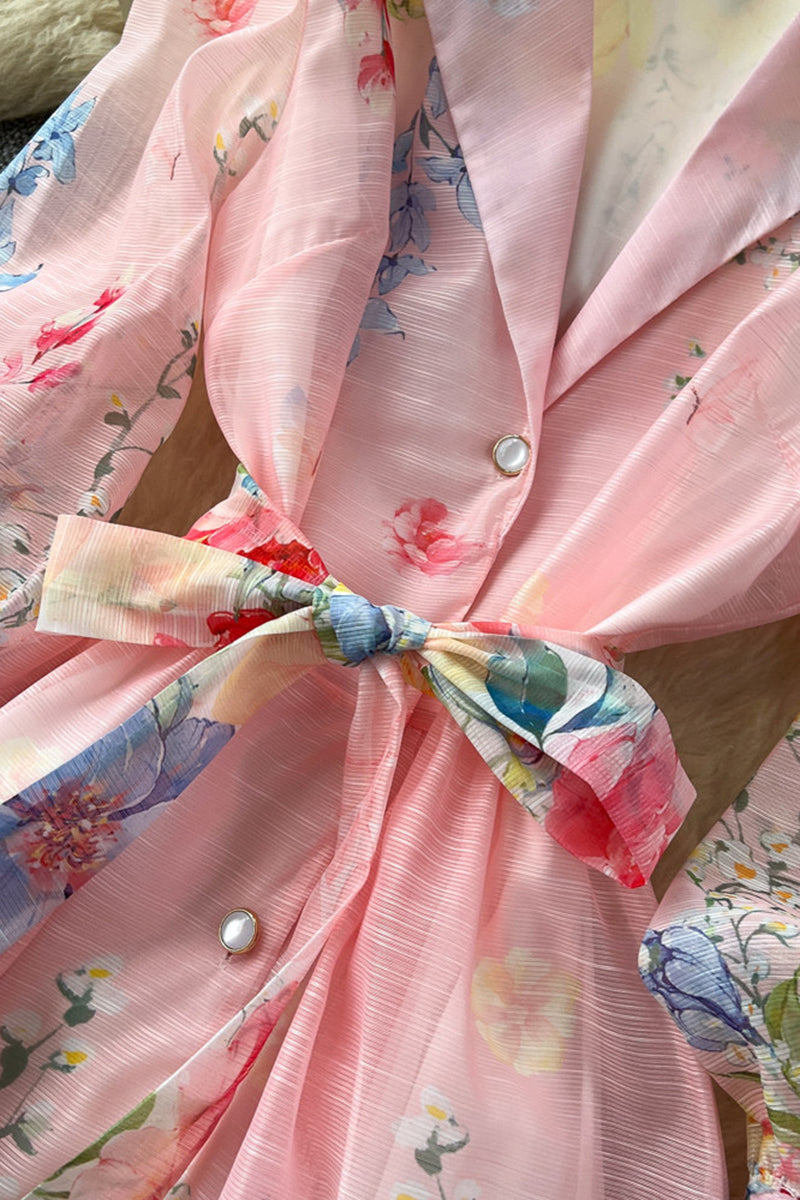 Floral Belted Long Sleeve Casual Dress