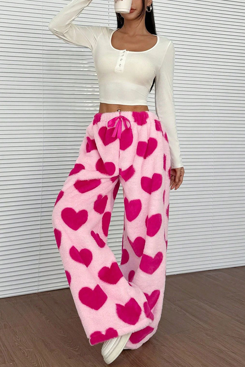 Heart Print Wide-Leg Casual Pants
