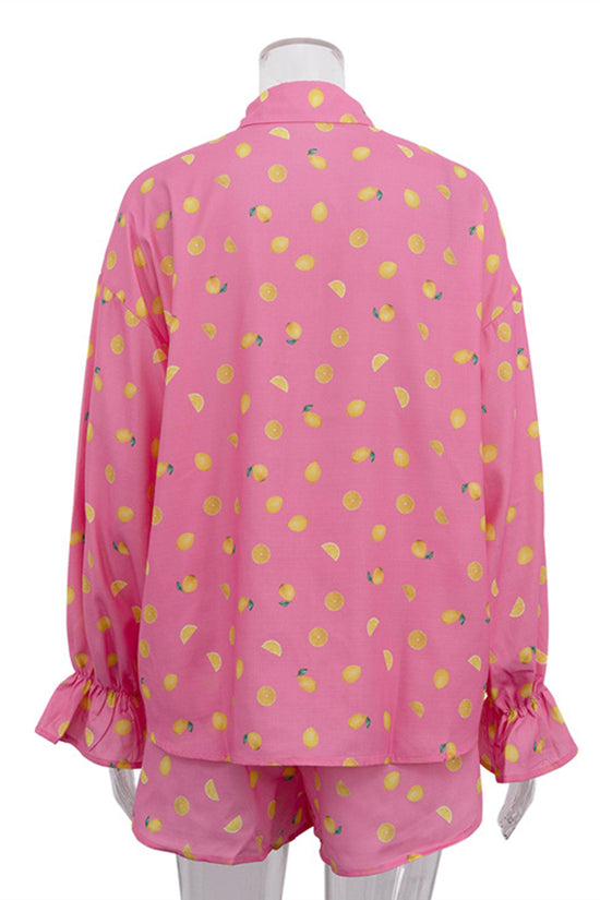 Fruit Print Ruffle Long Sleeve Loungewear Set
