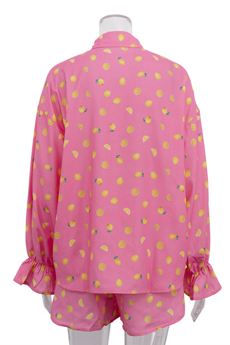 Fruit Print Ruffle Long Sleeve Loungewear Set