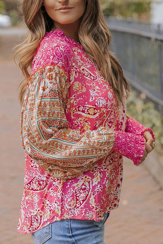 Mixed Floral Puff Sleeve V-Neck Shirt