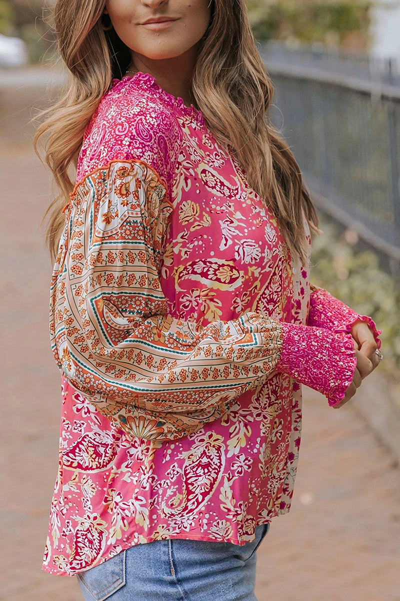Mixed Floral Puff Sleeve V-Neck Shirt