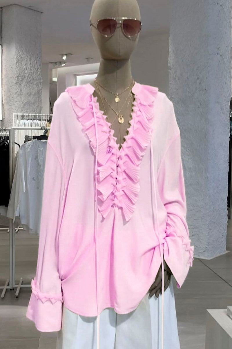 Ruffled V-Neck Long Sleeve Blouse