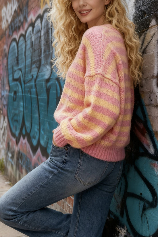 Striped V-Neck Button-Front Cardigan