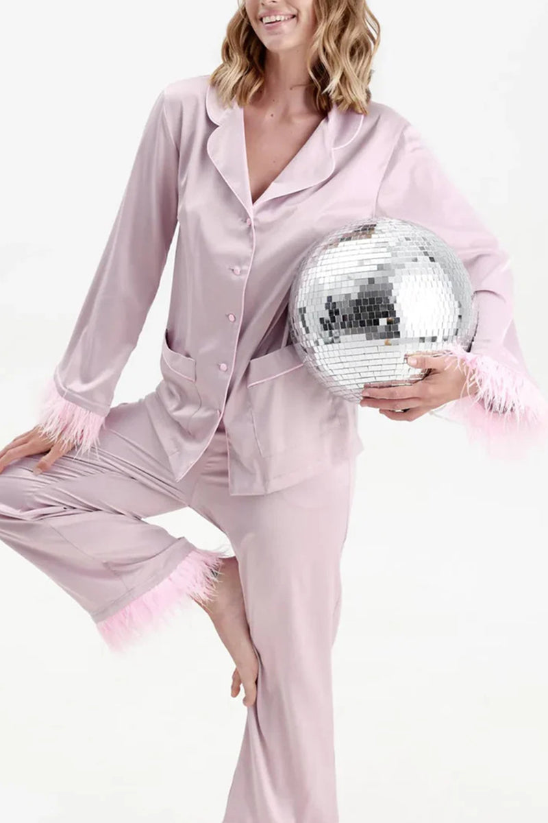 Feather Trim Loungewear Set