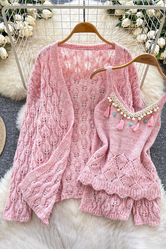 Hollow Knit Cardigan and Cami Set