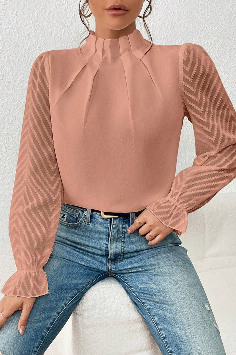 Elegant Pleated High Neck Sheer Sleeve Top