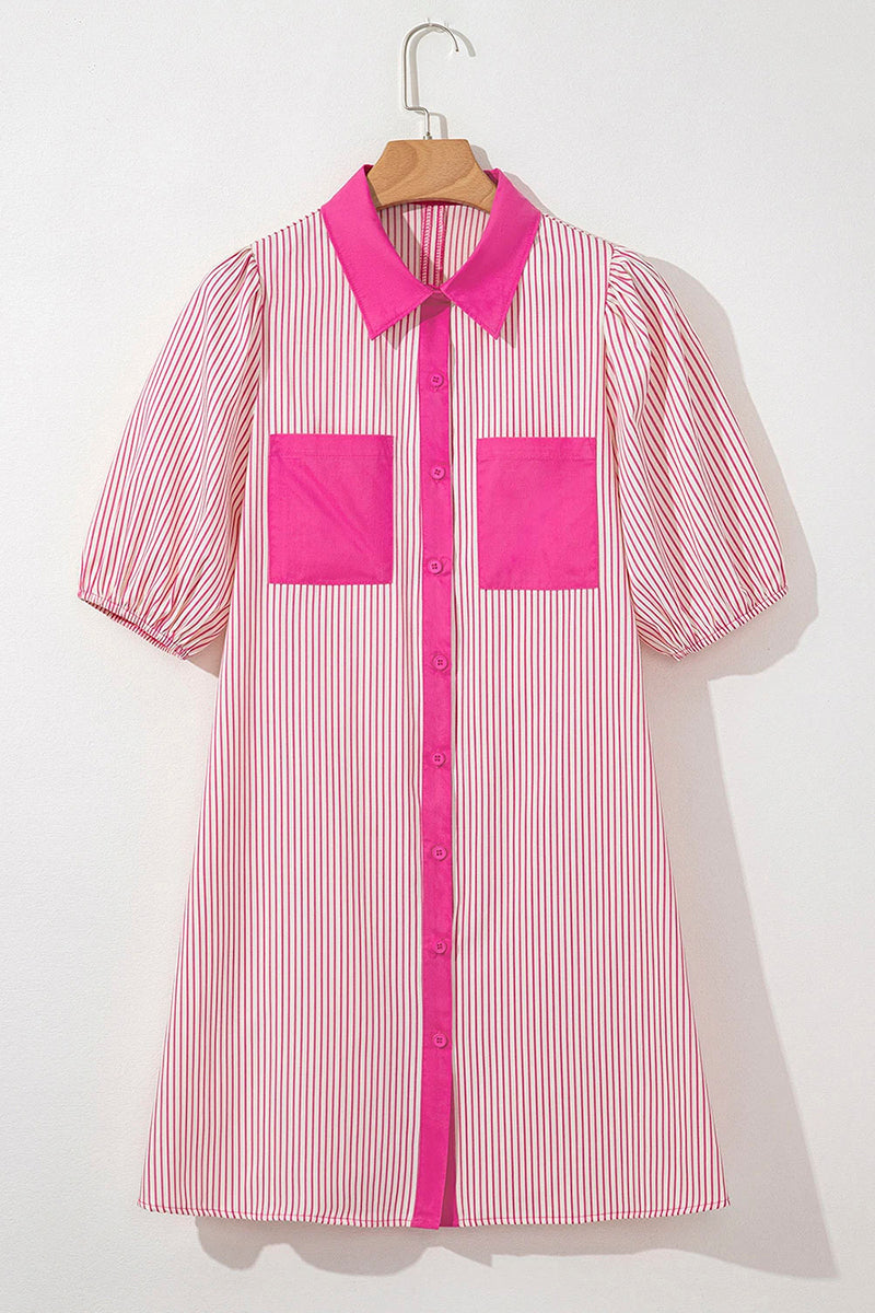 Stripe Patchwork Shirt Collar Mini Dress