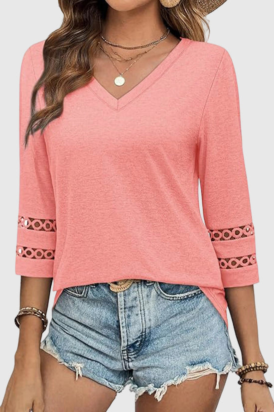 V-Neck Lace Sleeve Casual Top