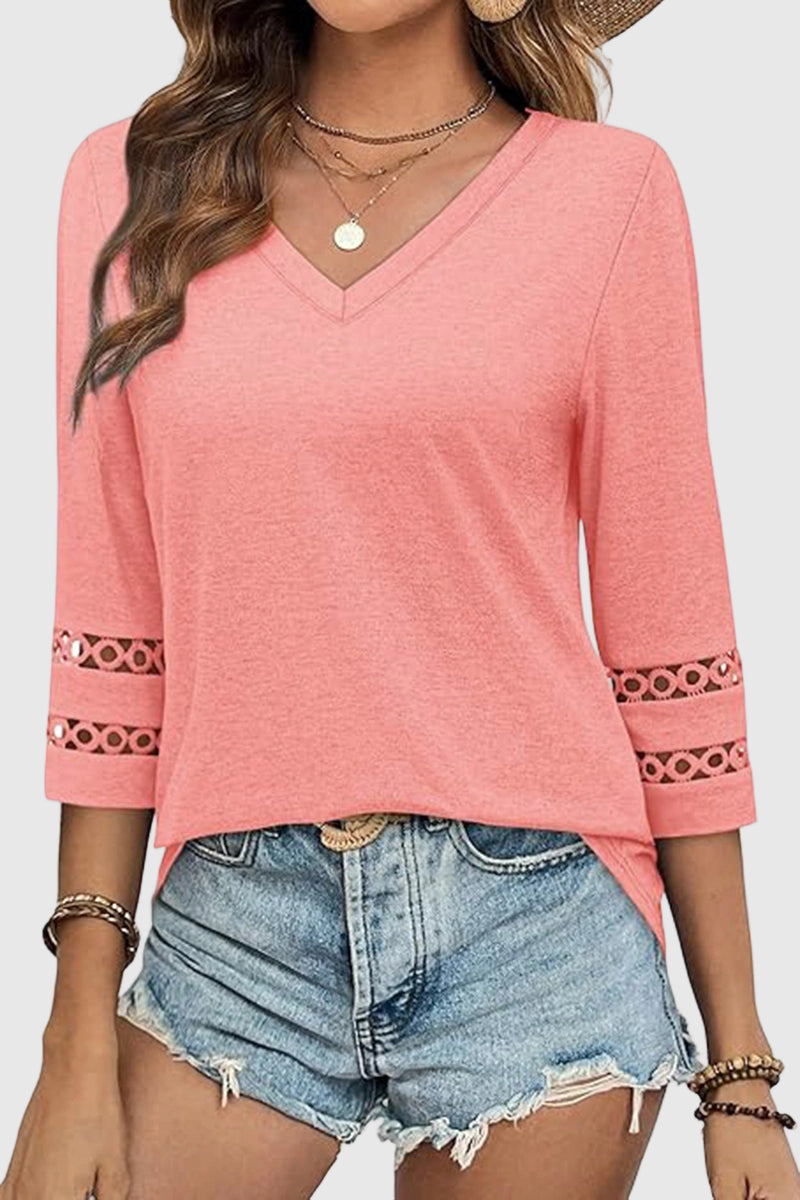 V-Neck Lace Sleeve Casual Top