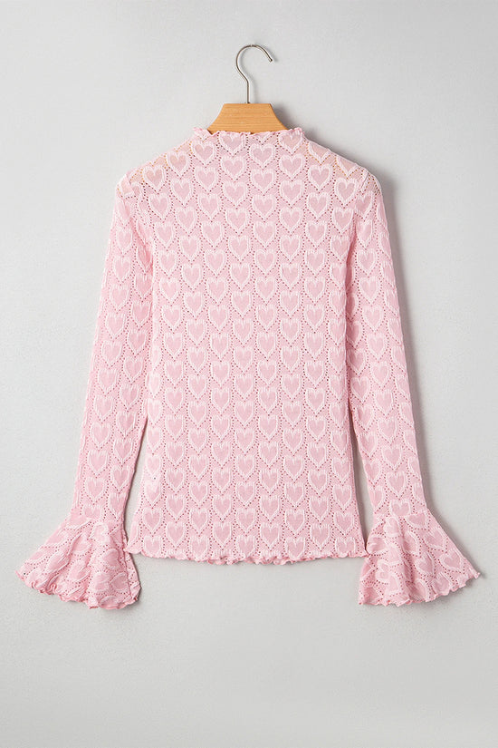 Heart Jacquard Flare Sleeve Mock Neck Top