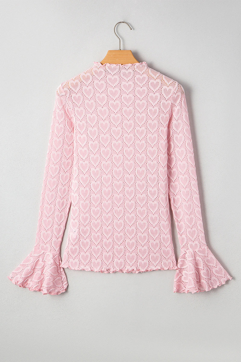 Heart Jacquard Flare Sleeve Mock Neck Top