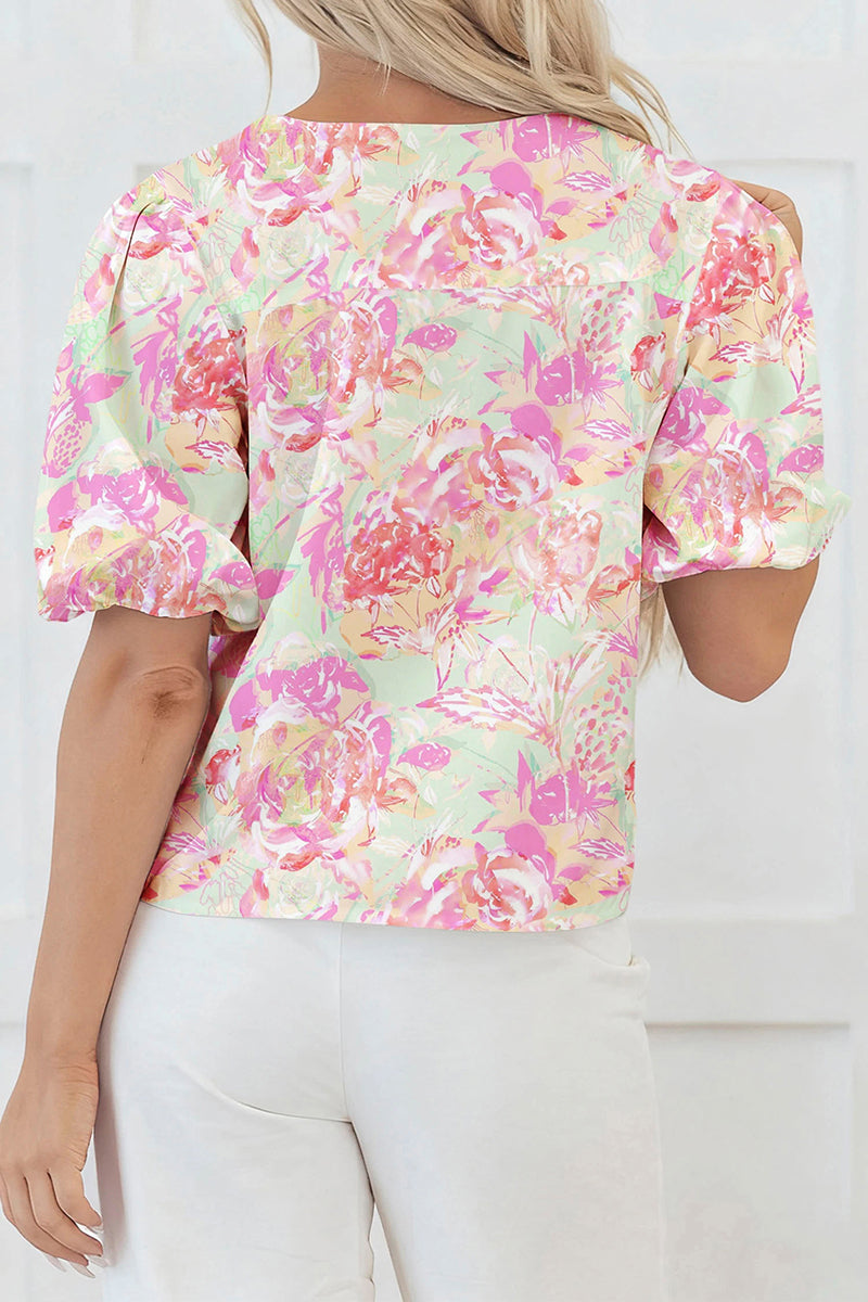 Ribbon Knot Front Floral Puff Sleeve Top