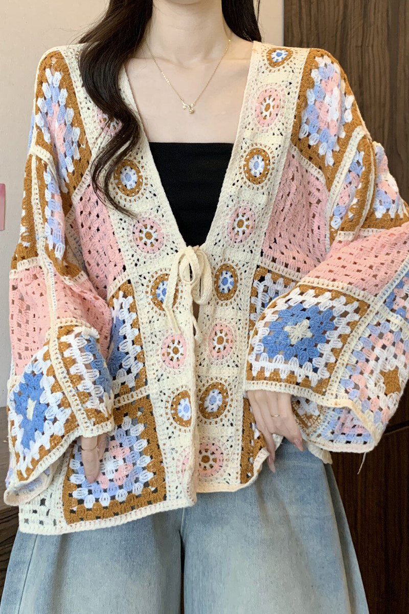 Crochet Hollow Tie Front Knit Cardigan