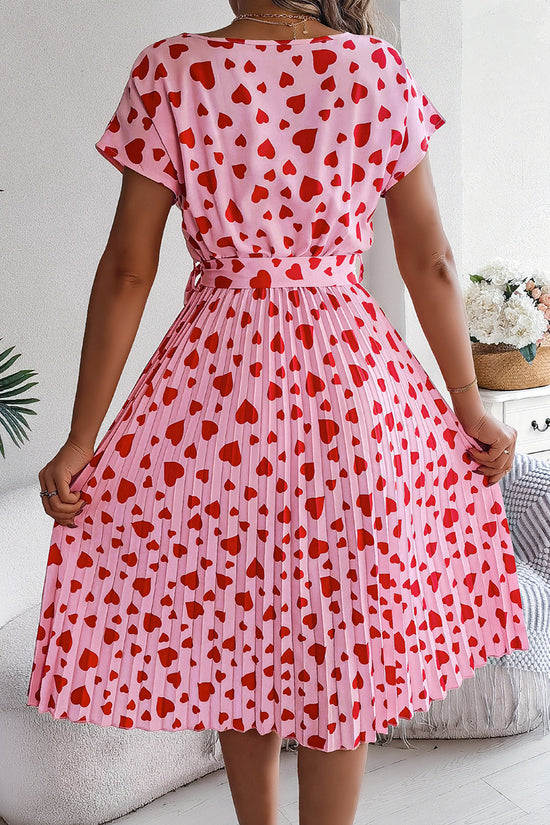 Heart Print Belted Casual Dress