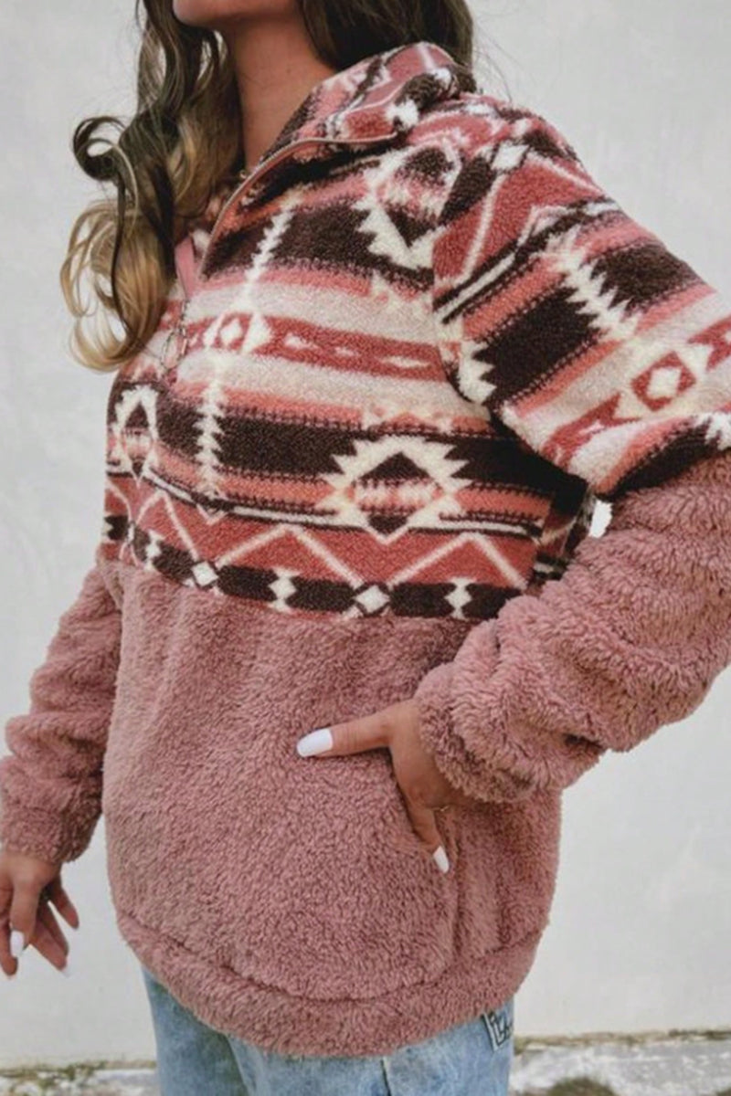 Patterned Half-Zip Casual Sweatshirt