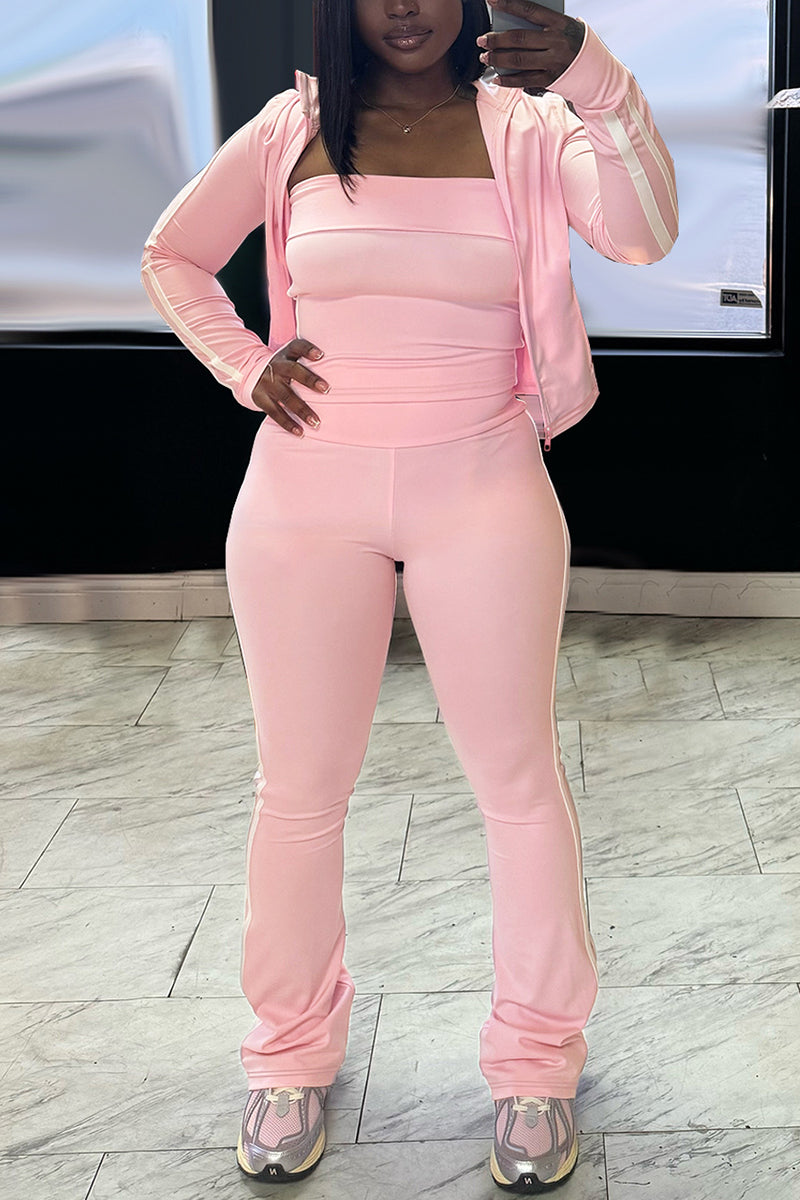Striped Activewear Set with Zipper Jacket