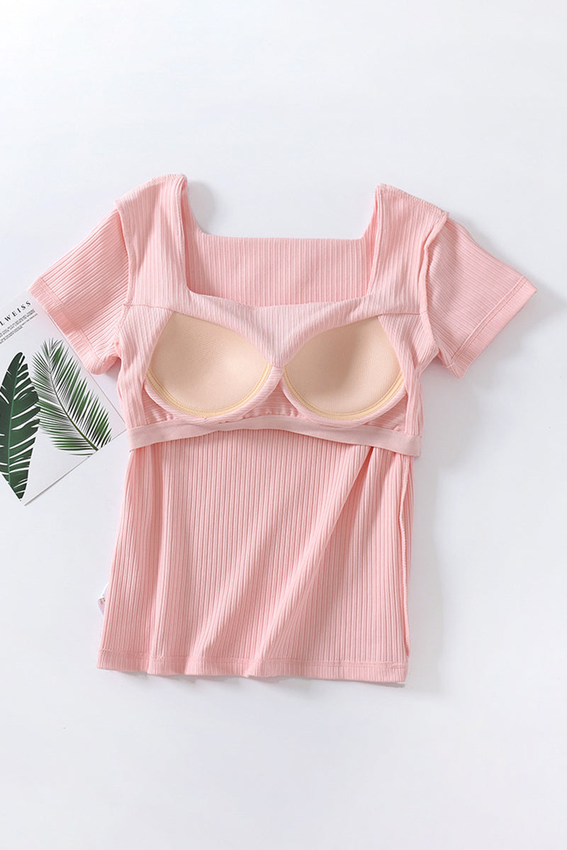 Square Neck Ribbed Short Sleeve Top