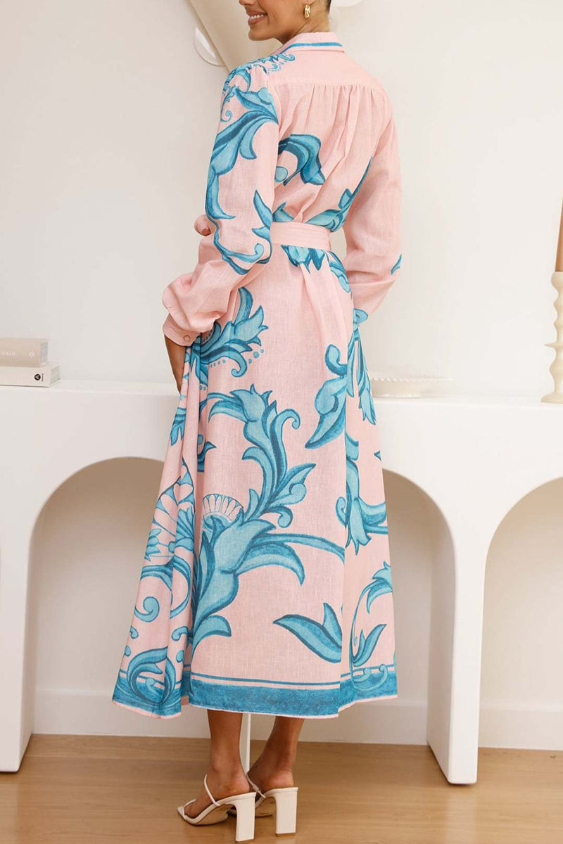 Floral Belted Long Sleeve Casual Dress
